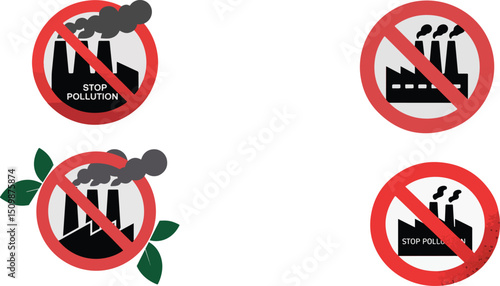 No Pollution Symbol Set – Flat Vector Icons of Industrial Factories with Red Prohibition Signs for Environmental Awareness and Air Quality Campaigns on White Background