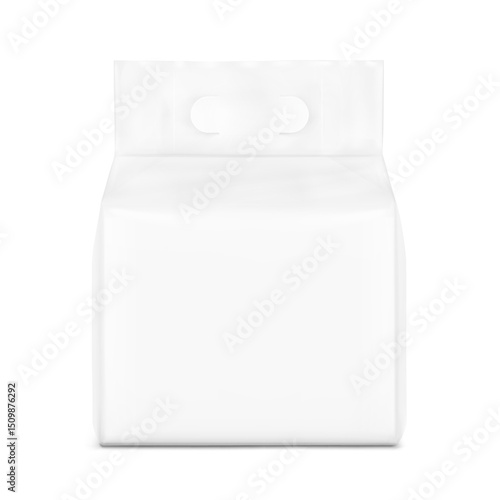 Realistic stand bag with hole handle mockup. Front view. Vector illustration isolated on white background. Suite for the presentation of changing mats, diapers, wet wipes, pants. EPS10.