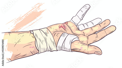 Bandaged Hand Injury: Medical Treatment Vector Illustration. Perfect for healthcare, medical        