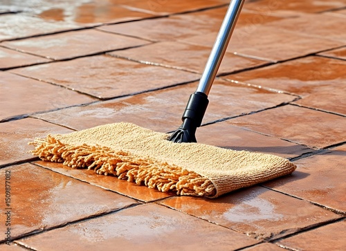Microfiber Dust Mop Sweeping Terracotta Tile Floor – Cleaning Close-Up