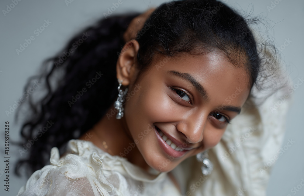 Young indian woman smiling and holding her hair Young indian woman smiling and holding her hair