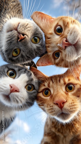 Four adorable cats looking curiously upwards.