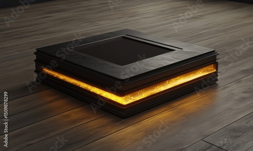 Illuminated black cube on wood floor; futuristic product display