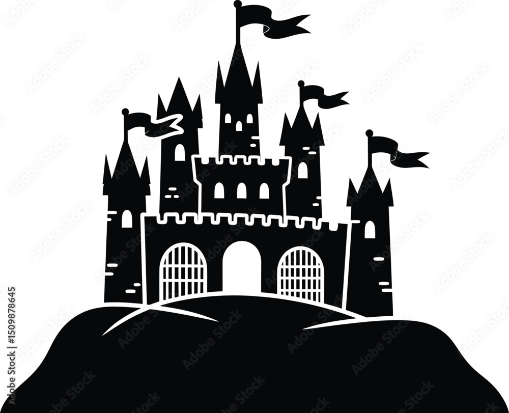Obraz premium Medieval Castle Silhouette Vector Illustration with Flags on Towers