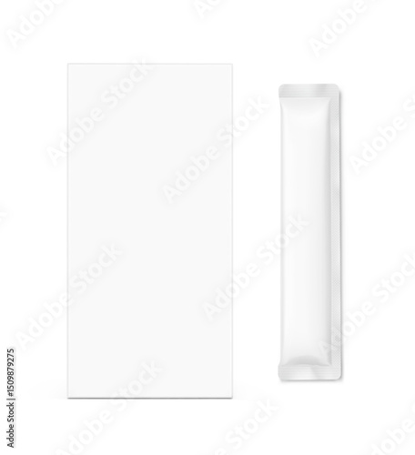 Blank three seal stick package bag with paperboard box mockups. Front view. Vector illustration isolated on white background. Can be use for food, cosmetic, pharmacy and etc. EPS10.