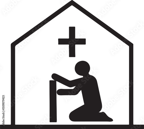 Praying Within Sanctuary: Silhouette of a figure kneeling in prayer beneath a cross within the stylized shelter, a profound depiction of faith and solitude.