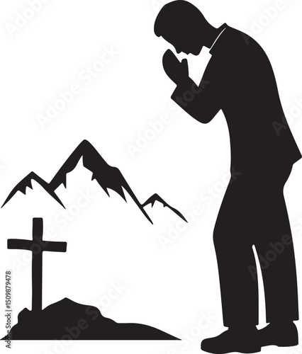 Silhouette of Prayer: A silhouetted figure kneels in quiet prayer before a cross with mountains in the backdrop, the scene conveying reverence and introspection. 