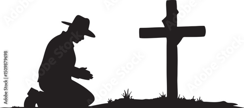 Solemn Devotion at the Cross: A lone figure, silhouetted against the serene backdrop, kneels in prayer before a weathered cross, representing faith and reverence.