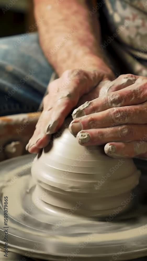 Artisan Potter Hands Shaping Clay on Spinning Wheel Close Up Artisan Potter Hands Shaping Clay on Spinning Wheel Close Up