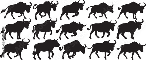 Silhouette of Wildebeest in Motion: A dynamic sequence of wildebeest silhouettes captures the essence of their powerful movement, ideal for conveying action, motion, and wildlife themes.