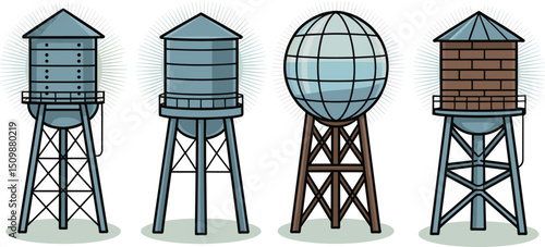 Set of Vintage Industrial Water Towers with Steel and Brick Designs – Urban Architecture Elements for Infrastructure, Engineering, and Cityscape Projects – Vector Illustrationflat vector illustration