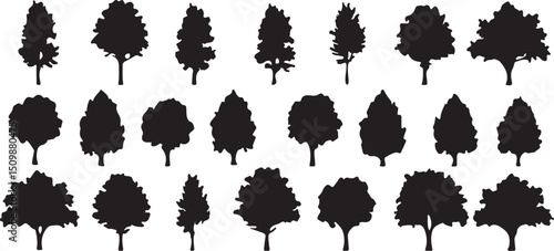Silhouetted Trees Collection: A captivating assortment of diverse tree silhouettes, each meticulously rendered. Perfect for conveying nature's beauty.