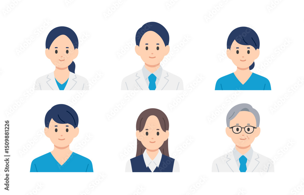 医者・看護師・医療事務の男女上半身セット【人物ベクターイラスト素材】 医者・看護師・医療事務の男女上半身セット【人物ベクターイラスト素材】