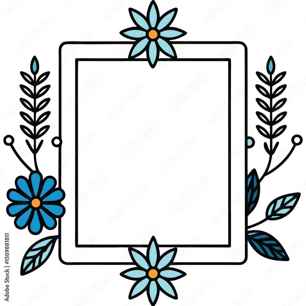 Obraz premium Elegant Blue and black & white Flower Wreaths and Decorative Botanical Borders for Invitations and Greeting Cards. wreath of branches and leaves. simple illustration in sketch style.