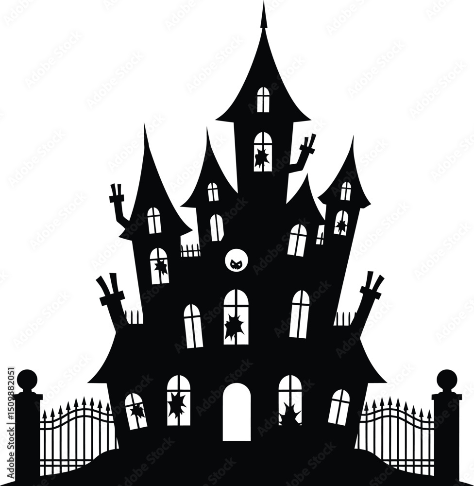 Obraz premium haunted castle, gothic architecture, spooky, dark, ominous, moody, atmospheric, dramatic lighting, spires, turrets, shadows, silhouettes, gates, mystery, supernatural, horror, creepy, eerie, unsettlin