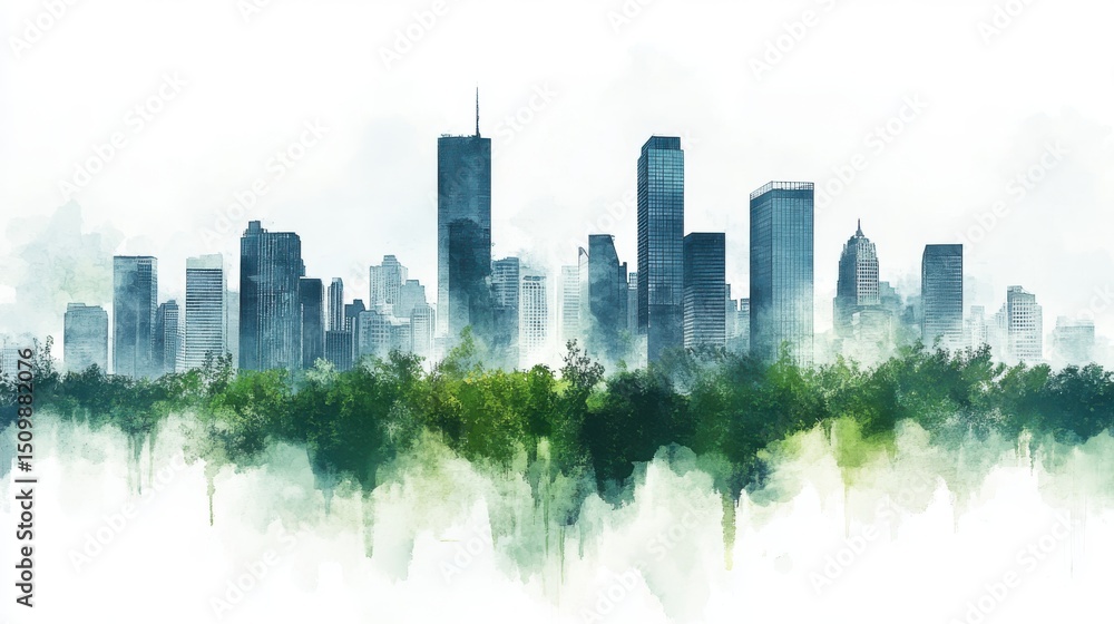 Tranquil Watercolor Cityscape with Lush Green Foliage Tranquil Watercolor Cityscape with Lush Green Foliage