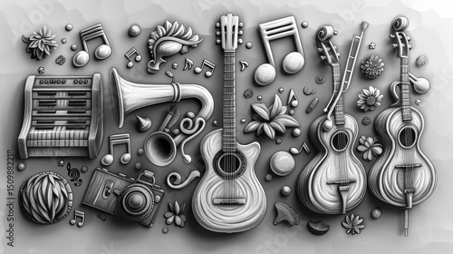 Vector silver colour hand drawn doodle art template of music theme.jpeg