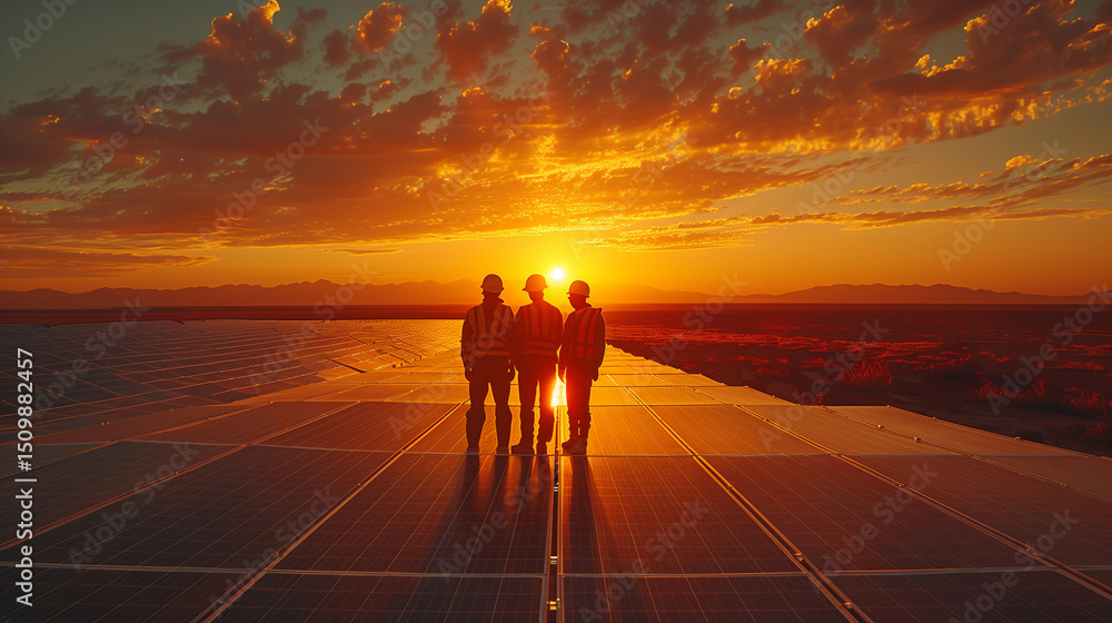 Engineers Inspecting Solar Panels at Sunset – Handshake Agreement, Warm Orange Tones Engineers Inspecting Solar Panels at Sunset – Handshake Agreement, Warm Orange Tones