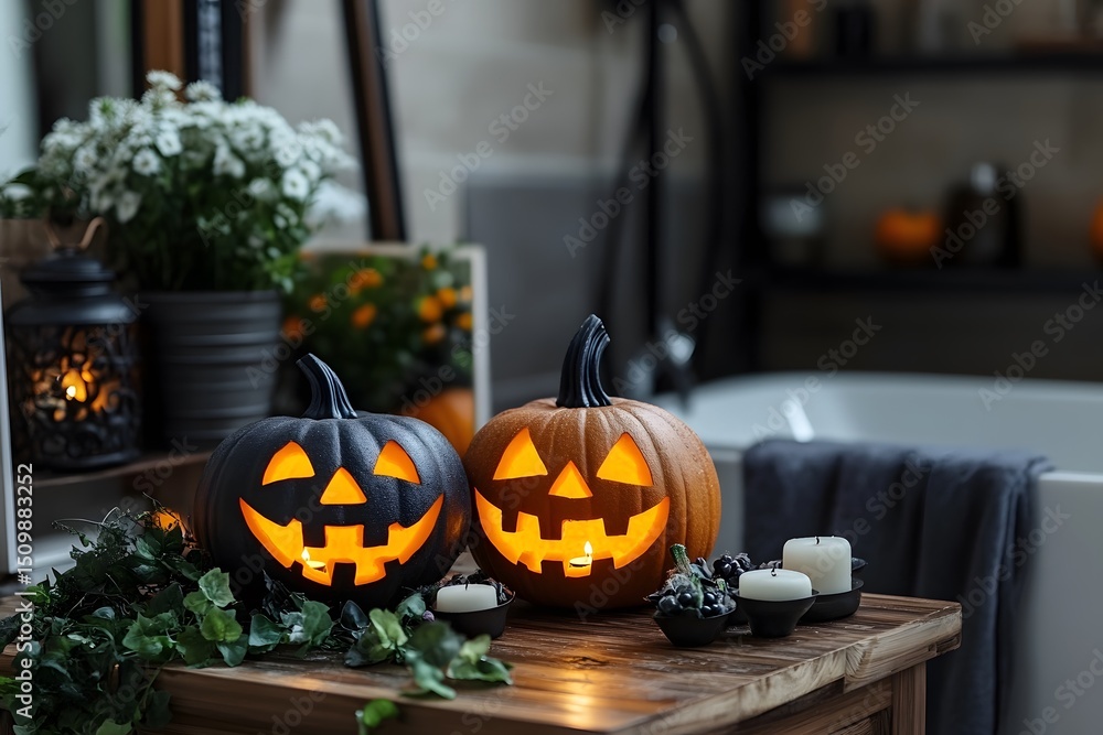 Fototapeta premium Jack-o'-lanterns in bathroom.
