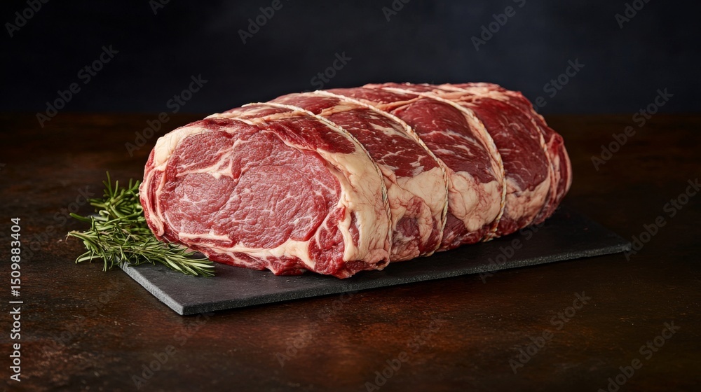 Fototapeta premium A close-up of fresh cuts of beef displayed on a butchers counter, with vibrant red meat and fine marbling, showcasing its freshness