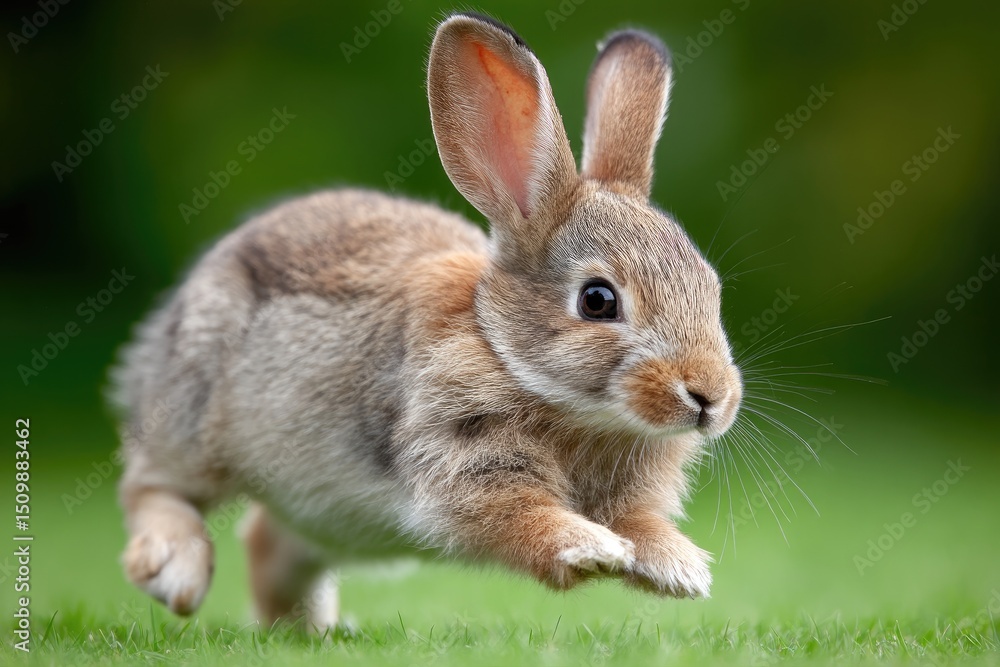 Fototapeta premium A small rabbit leaps through grass.