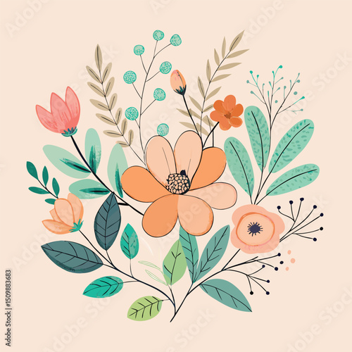 Hand-Drawn Black and Colored Floral Bouquet Illustrations – Botanical Clip art Set for Coloring Pages, Invitations, and Craft Design. Wildflower line art bouquets set, botanical vector illustration.