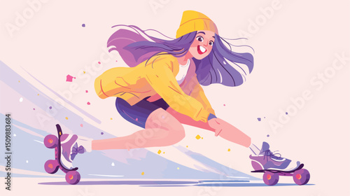 Joyful Girl Roller Skating, Happy Child on Wheels, Summer Fun, Outdoor Activity, Active Lifestyle,  