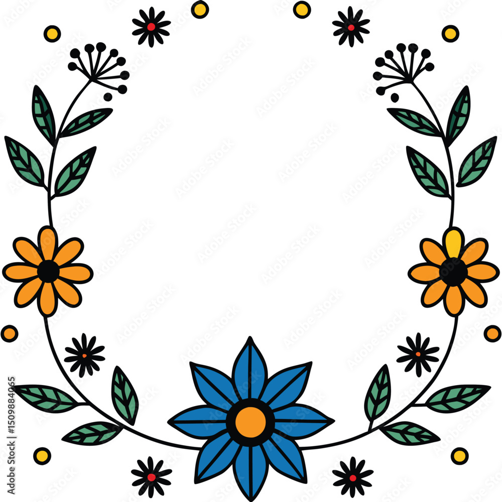 Obraz premium Elegant Blue and black & white Flower Wreaths and Decorative Botanical Borders for Invitations and Greeting Cards. wreath of branches and leaves. simple illustration in sketch style.