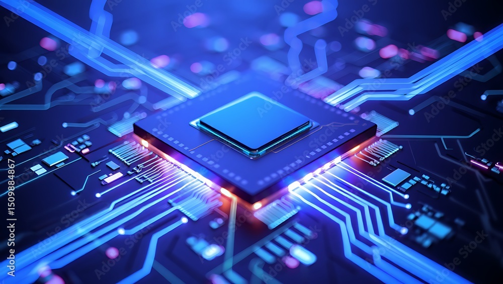 High tech illustration of computer processor chip with circuit board and data transfer lines High tech illustration of computer processor chip with circuit board and data transfer lines