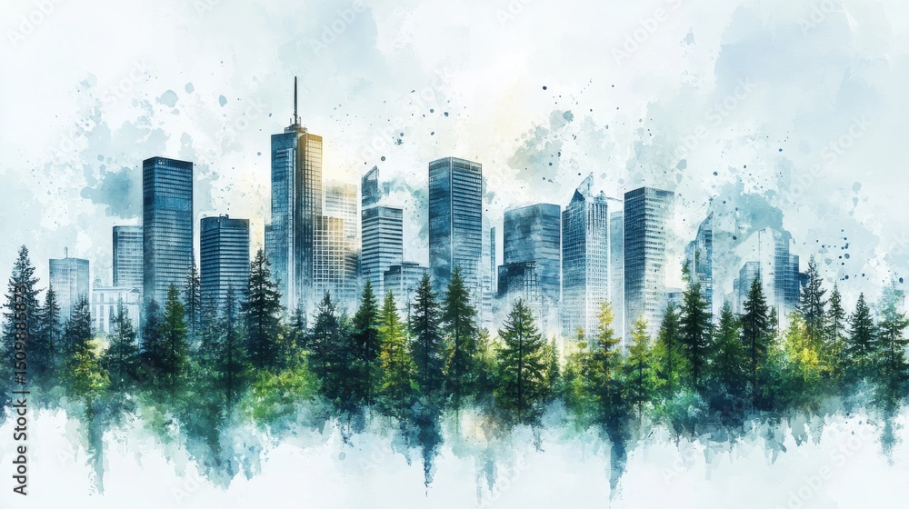 Fototapeta premium Watercolor City Skyline Emerging from Lush Forest