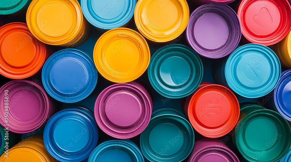 Colorful paint cans arranged closely together, viewed from above, showcasing vibrant, circular lids in various bright hues. Colorful paint cans arranged closely together, viewed from above, showcasing vibrant, circular lids in various bright hues.