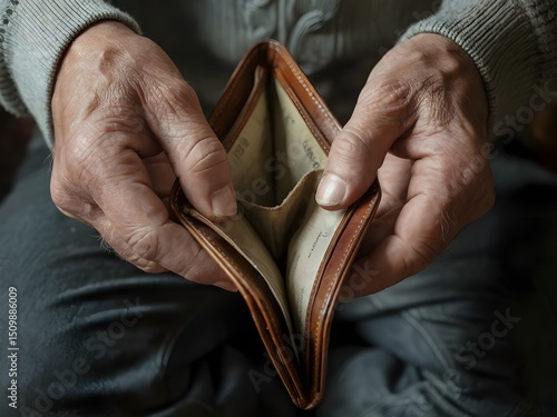 Elderly hands holding an empty wallet, symbolizing financial hardship or poverty