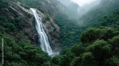 Jungle Waterfall Mist falling into lush foliage with rich contrast and hazy atmosphere ideal for eco-tourism visuals nature themes and dreamy waterfall posters