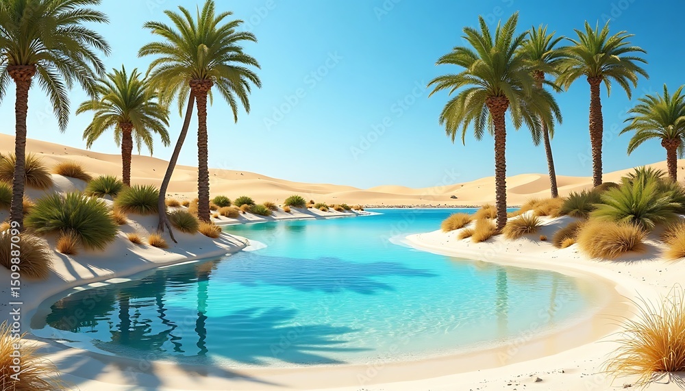 Serene Desert Oasis with Palm Trees and Clear Blue Water in Sunny Landscape Serene Desert Oasis with Palm Trees and Clear Blue Water in Sunny Landscape