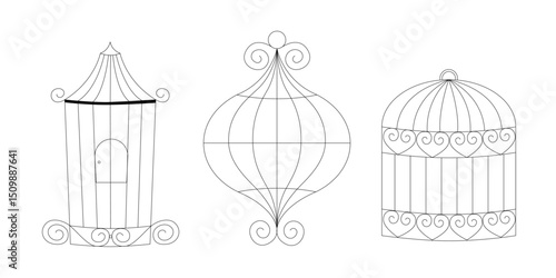 Hand drawn bird cage doodle set line art collection of simple metal cages for birds vector sketch illustration for pet housing vintage minimalist decor