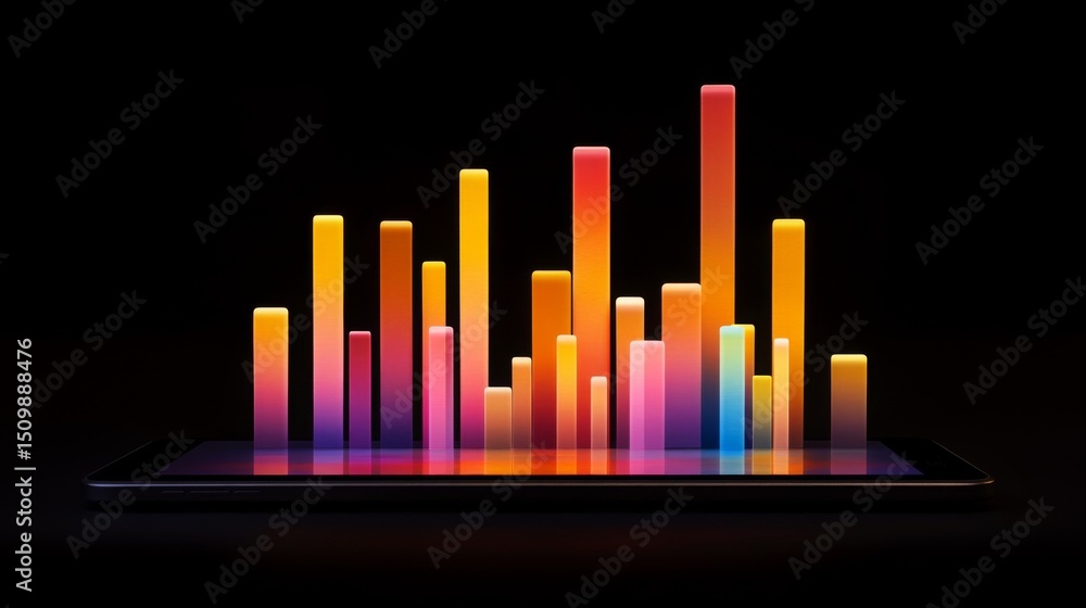Fototapeta premium A digital bar graph on a tablet screen showing financial data with colorful rising bars against a dark background, symbolizing increasing profits