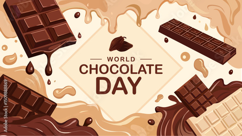 World Chocolate Day. Chocolate bars and splashes and melted chocolate. Great for posters, banners and social media posts. Vector illustration.