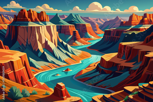 Grand Canyon panorama vector, amazing winding turquoise river, towering red rock formations, steep canyon walls, layered geological strata, vibrant desert landscape cartoon