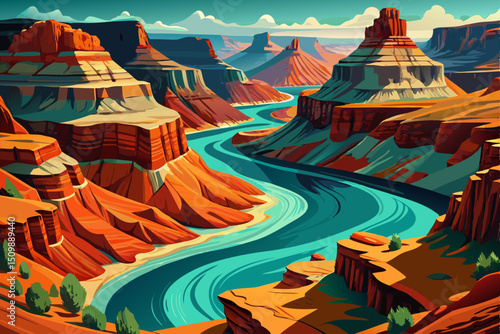 Grand Canyon panorama vector, amazing winding turquoise river, towering red rock formations, steep canyon walls, layered geological strata, vibrant desert landscape cartoon