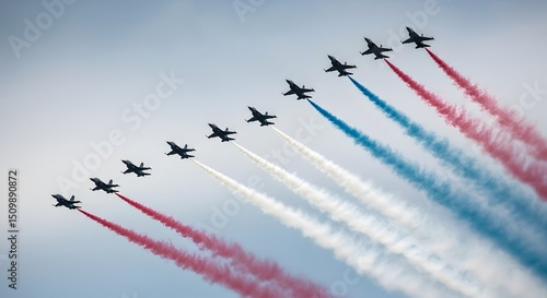 Air Show Jets Flying in Formation Leave Stunning Trails of Red White and Blue Smoke Across a Clear Sky