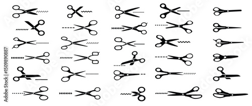 Coupon cut scissors collection. Set of black scissors icons vector