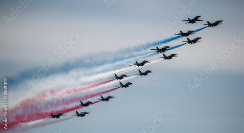 Airshow Jet Formation Flying High Above Leaving Red White and Blue Smoke Trails