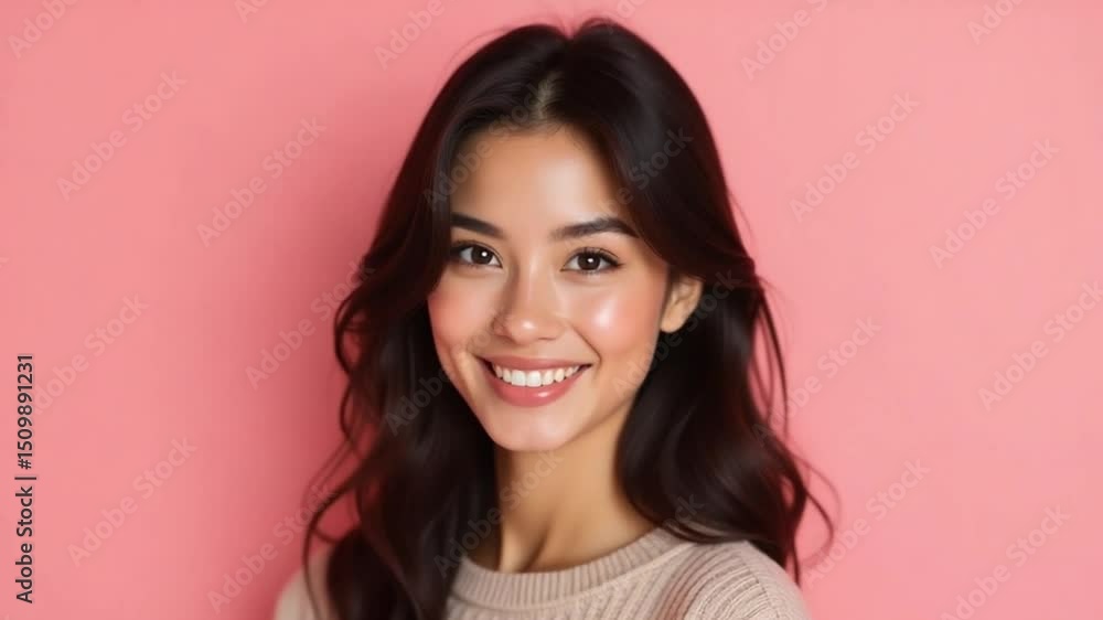 Beautiful Woman Smiling Against Pink Background Beautiful Woman Smiling Against Pink Background