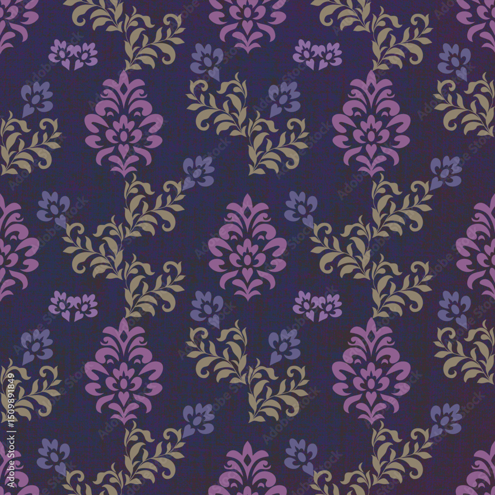 Fototapeta premium Seamless traditional Thai-style floral damask pattern in purple and beige tones on a dark background. Perfect for textile design, wallpaper, luxury packaging, and elegant decorations.