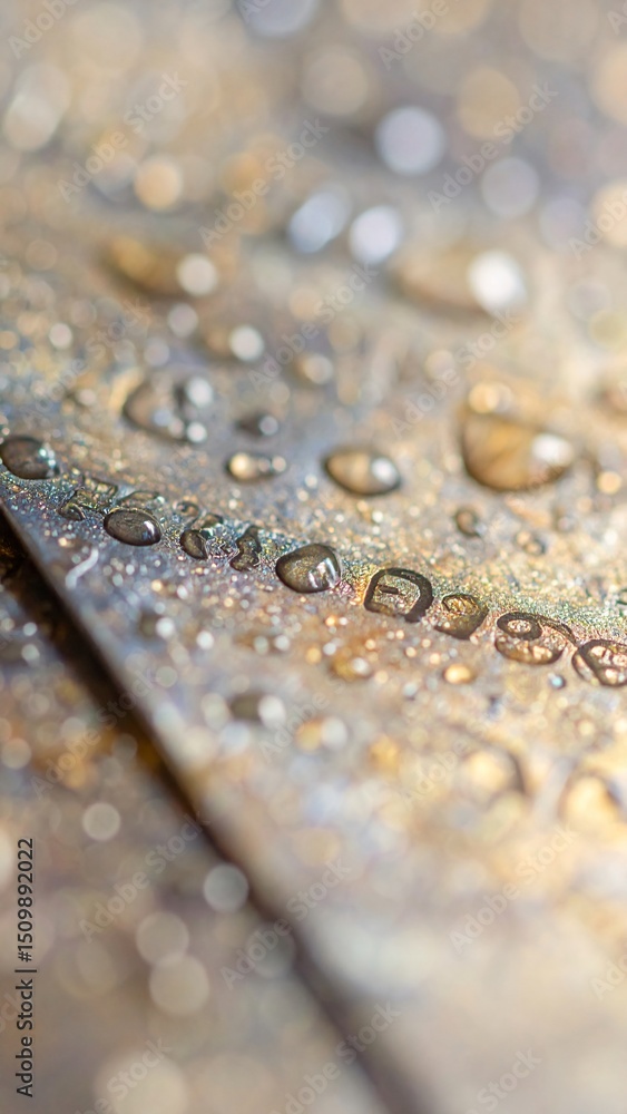 Fototapeta premium Water droplets on metallic surface abstract macro photography
