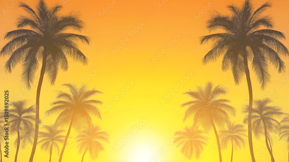 Tropical sunset palm trees silhouette golden sky Tropical sunset palm trees silhouette golden sky