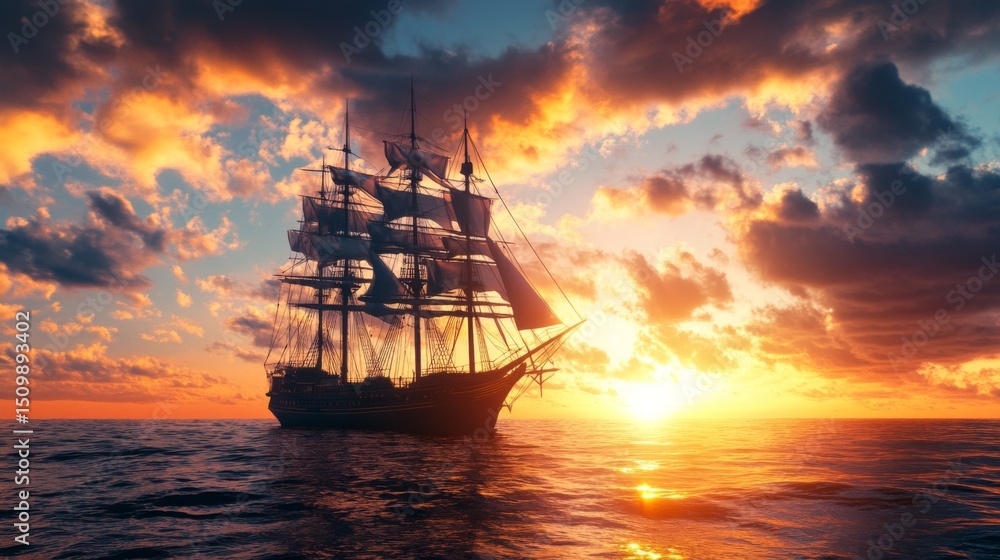 Fototapeta premium A large ship silhouetted against a dramatic sunset over the endless ocean.