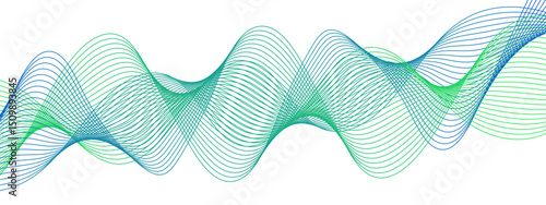 Abstract wave pattern with intertwining green and blue linear curves forming smooth sinusoidal shapes. Overlapping lines that gradually shift in hue from deep blue to bright green.