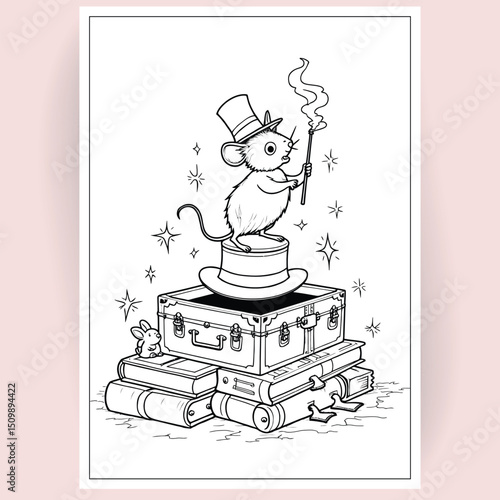 Magical Mouse Illusionist A Charming Coloring Page Featuring a Top Hat, Wand, and Suitcases