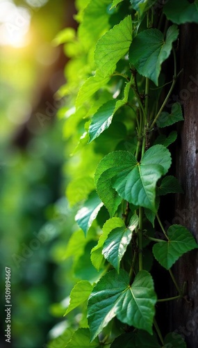 Wallpaper Mural Lush green leaves climbing a rustic vine, sunlight dappling through the foliage, creating a vibrant, natural scene Perfect for nature, botany, or garden themes , wildflower, closeup Torontodigital.ca